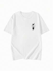 女士宽松圆领短袖字母卡通猫印花T恤，春夏款 - 白色 - 查看 2