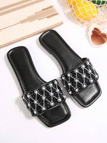 Women's Plus Size Flat Sandals, Vacation Style, Casual & Versatile, Rhinestone Decor Slip-On Slippers - Brown - View 5