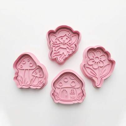 1/4set Whimsical Fairy Tale Cookie Cutters & Stamps Set – Cute Fairy, Mushroom House, Floral & Mushroom Patterns, Spring & Easter Baking Essentials For DIY Kids Party Cookies, Fondant Crafts, Festive Treats & Sweet Gifts