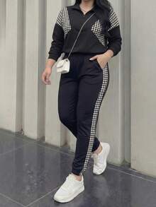 女式两件套 - 极简主义千鸟格拼色拼接上衣和抽绳九分裤，休闲运动风格，秋冬 - 黑色 - 查看 1