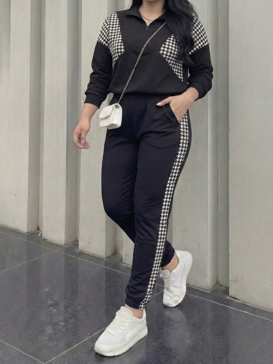 女式两件套 - 极简主义千鸟格拼色拼接上衣和抽绳九分裤，休闲运动风格，秋冬 - 黑色 - 查看 1