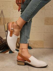 Chunky Heel Closed Toe Buckle Sandals, Fashionable Mid-Heel Hollow Breathable Slide Sandals - Beige - View 4