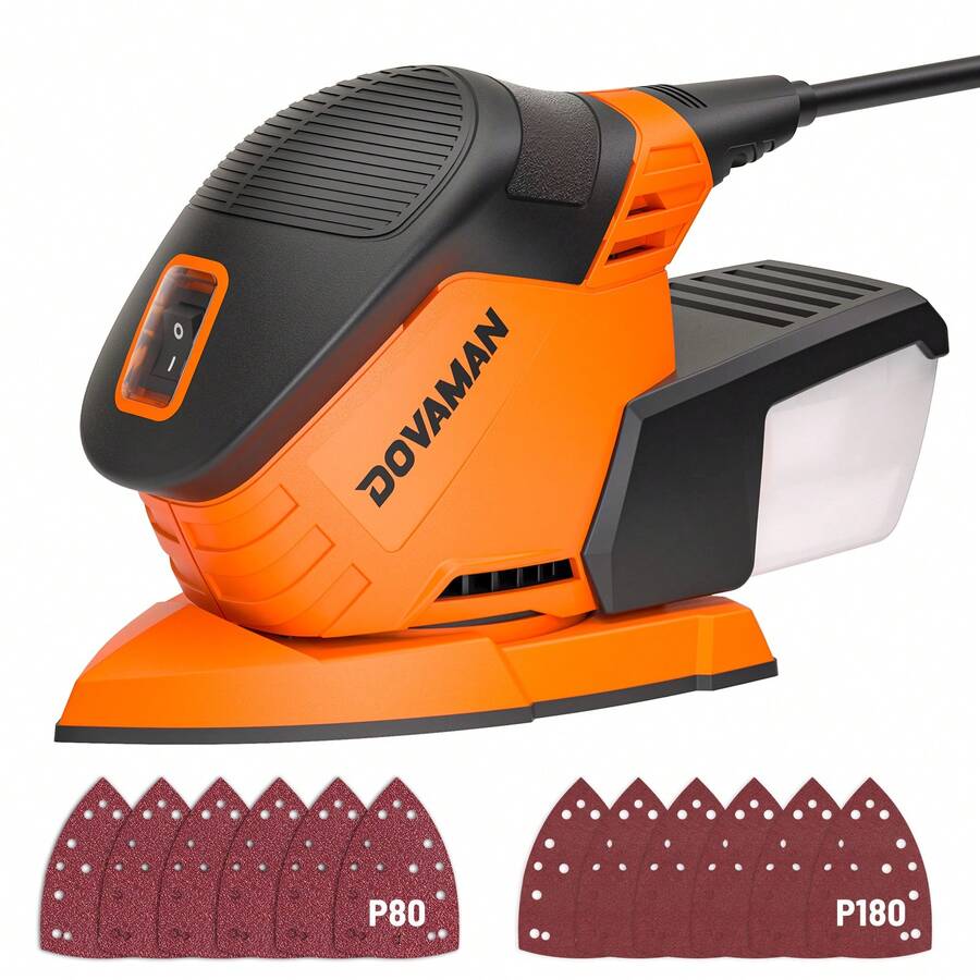 DOVAMAN Detail Sander, 1.1Amp Electric Sander W/Micro-Filter Dust Box, Aluminum Fan Blade, Copper Motor, Max No-Load Speed 12,000 RPM, 12PCS(80P/180P) Sanderpapers For Wood, Plastic, Metal