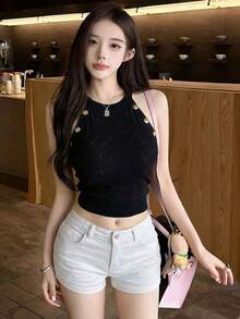 女士性感纯色吊带针织背心，金属扣设计，简约格纹半透明修身无袖上衣，春夏黑色 - 黑色 - 查看 5