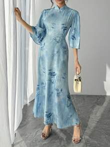 Spring & Autumn New Women's Improved Cheongsam With Wide Flare Sleeves, Loose Sleeves, Half Sleeve, Green Ditsy Floral, Long Slit Maxi Cheongsam Dress, Middle Eastern Arabic Ladies Dress, Festival Dress - Baby Blue - View 1