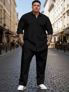 2pcs Plus Size Men's Casual Loose Knit Shirt Set, Comfortable Outfit For Daily Wear - Black - View 6