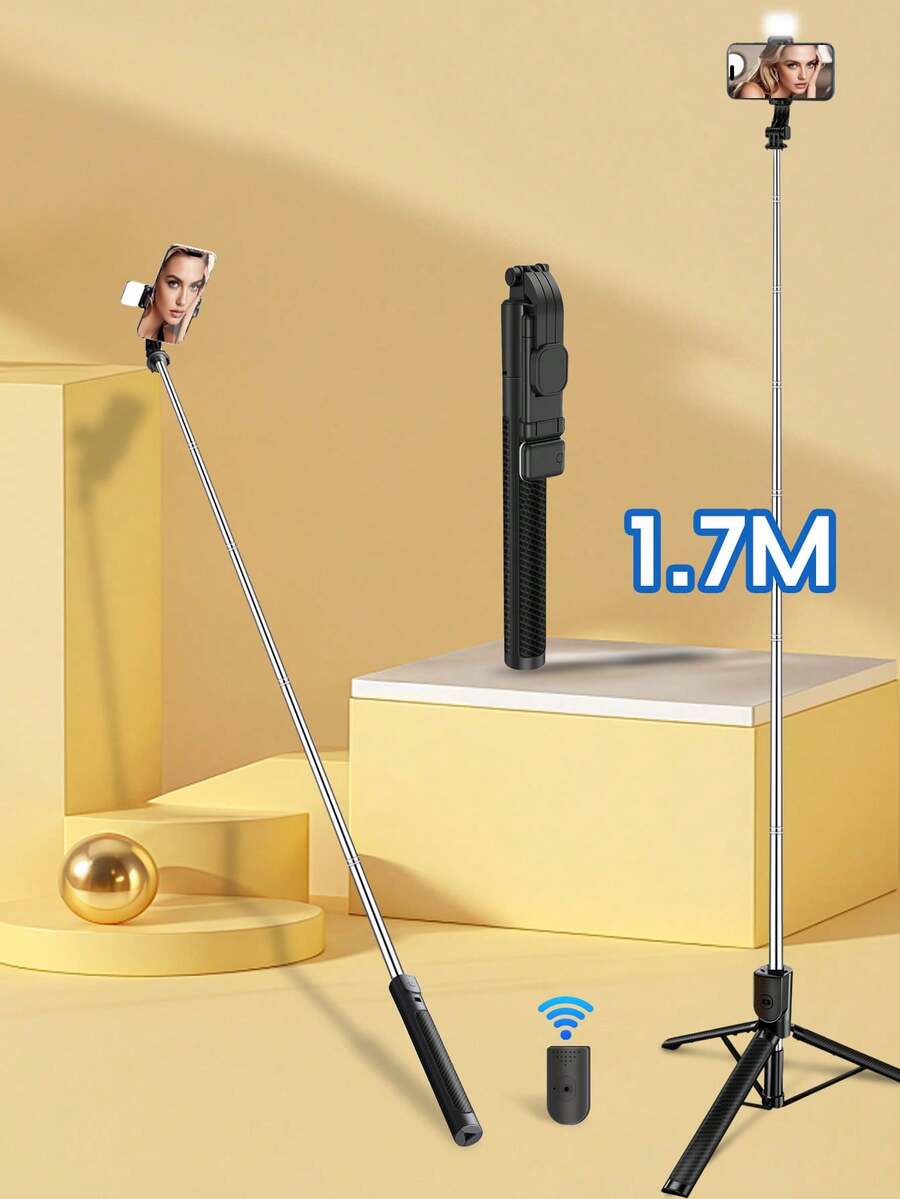 Bastone Selfie Estensibile in Acciaio Inossidabile da 170 cm, con Riflettore e Telecomando Bluetooth, Compatibile con Smartphone iOS/Android, Adatto per Viaggi, Vlogging, Live Streaming e Fotografia all'Aperto - Tagli Unica - Visualizzare 1