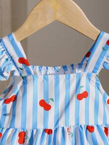 2pcs Baby/Baby GirlCasual Cute Cherry Doodle & Blue/White Striped Camisole Top And Shorts Set, Summer - Baby Blue - View 4