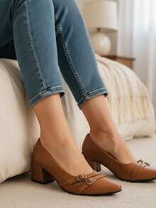 Women's Bellamore Double Buckle Pump With 5cm Low Block Heel - Comfortable, Elegant, Casual, Formal, And Evangelical Fashion - Lạc đà - Xem 1