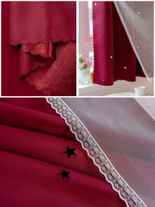 1pc Hollow Star Curtain, Polyester With Lace Sheer Double Layer Curtain, Darkening Bedroom Window Curtain, Cute Unique Princess Style Curtain Suitable For Holidays - Burgundy - View 6