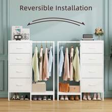 Dresser With Hanging Rack 4 Drawers Small Closet For Bedroom Reversible Fabric Chest Of Drawers With Clothes Rack Tall Storage Tower Sturdy Frame White 43.5''H - White+30D X 76W X 110.5H cm (4 Drawers) - View 6
