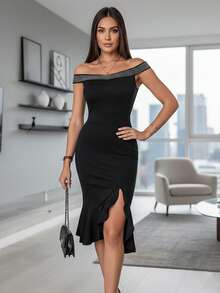ChicMe Women's Off-Shoulder Rhinestone Decor Mid-Length Bodycon Dress With Ruffle Hem, Slit, Suitable For Party, Banquet, Gathering - Black - View 5