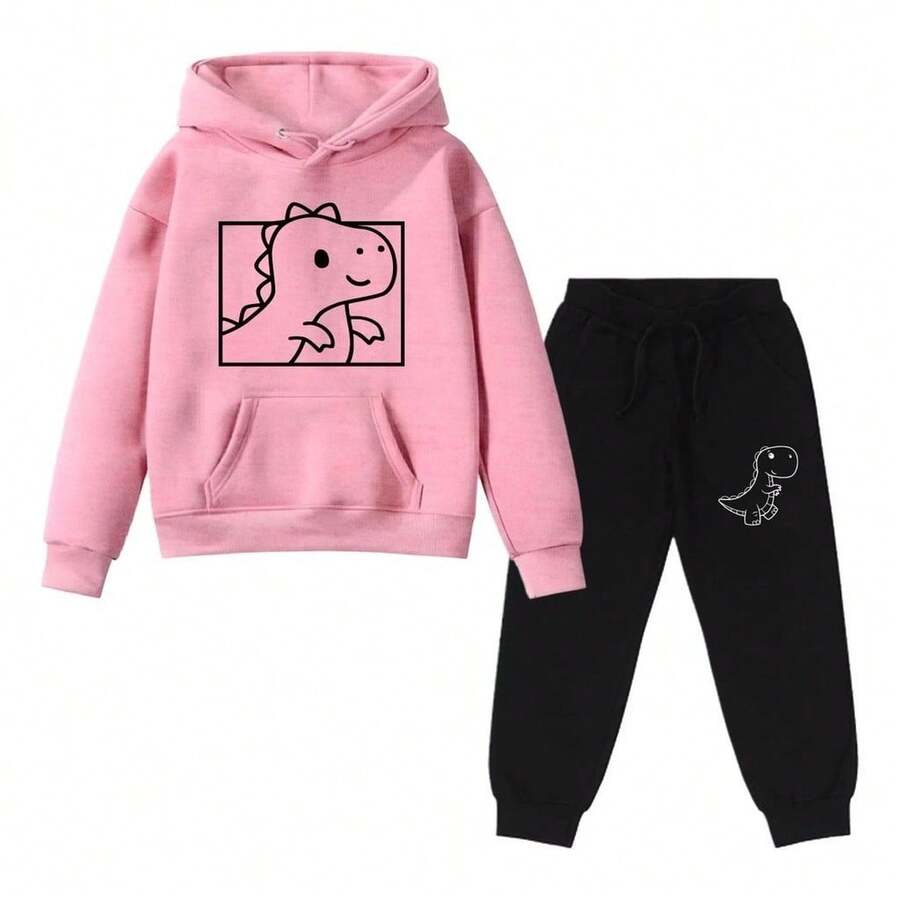 Children's Dinosaur Printed Sweatshirt And Sweatpants Set For School - Rosa - Ver 1