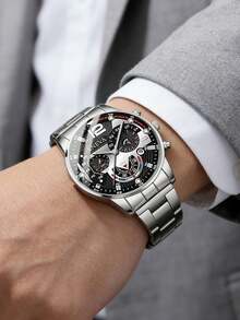 Set Jam Tangan Pria Fashion Bisnis Kasual 4 Buah, Jam Tangan Quartz dengan Dial Besar dan Tali Baja Bulat, Termasuk Gelang Rantai yang Dapat Dipersonalisasi, Kalung Liontin Salib, dan Set Aksesori Cincin, Cocok Sebagai Hadiah untuk Pria, Cocok untuk Liburan, Bisnis, Pesta, dan Pemakaian Sehari-hari - Perak - View 4