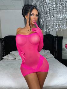Bộ đồ lót Giáng sinh gợi cảm dành cho nữ, áo liền quần lưới sexy, đồ lót lưới hình gấu bông, bao gồm găng tay và áo khoác ngoài bikini. - Màu Hồng Tươi - Xem 1