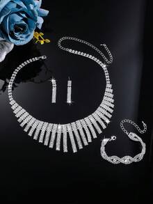 3件套奢华新娘爪镶水晶项链耳环套装 - 銀色 - 查看 4