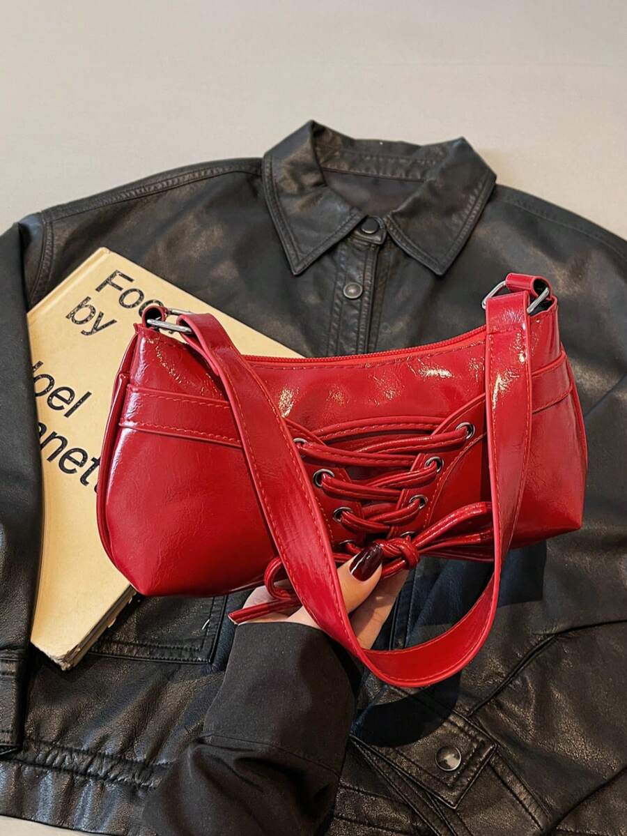 1 pieza Bolso de motocicleta retro de mujer color Merlot con remaches, correa ajustable, gran capacidad, piel sintética suave con degradado de color, bolso de hombro/axila, adecuado para trabajo, viajes, citas, fiestas - Burdeos - Ver 1