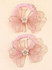 6pcs Tulle Pearl Hair Ties, Beige Pink Gold Hair Bands, Flower Elastic Hairbands, Cute Hair Accessories For Girls Gifts Valentine's Day Spring Summer - Multicolor - View 7