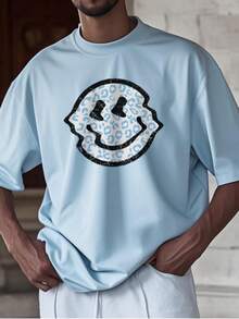 Men's Casual Smiling Face Print Short Sleeve T-Shirt, Comfortable & Breathable, For Summer - Baby Blue - View 3