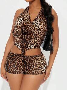 Leopard Print Halter Neck Sleeveless Slim Fit Short Polyester Unitard With Backless Lace Up Design Summer Elegant - Leopard Print - View 10