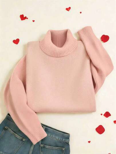 大码女式时尚简约粉色高领长袖套头毛衣，宽松休闲针织上衣，适合情人节和日常穿着