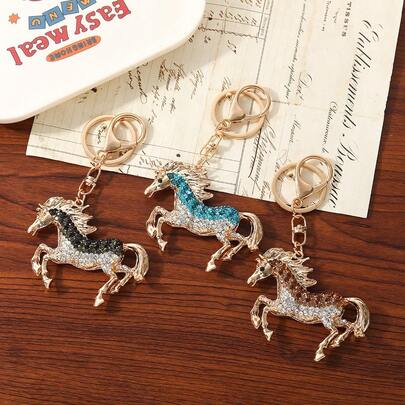 Wealth-Attracting Rhinestone Inlaid Lucky Horse Car Keychain, Bactrian Camel Bag Charm, Cartoon Keychain, Shiny Bohemian Zinc Alloy Accessory, Winter