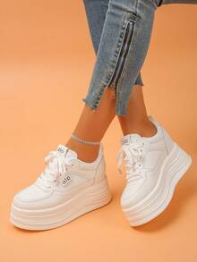 女士厚底运动鞋，纯色户外休闲系带鞋，时尚百搭白色户外增高鞋 - 白色 - 查看 4