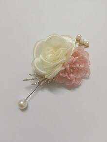 米色伴郎/伴娘婚礼胸针，优雅新郎新娘襟花，伴娘腕花，适用于婚礼、派对、周年纪念、情人节 - 米色+粉紅色-701 - 查看 4