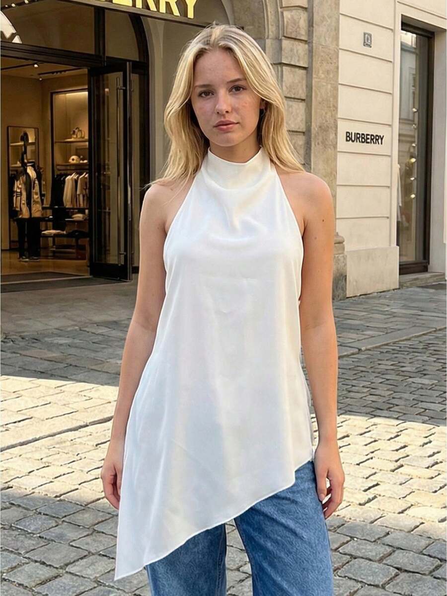 Women's Asymmetrical Halter Top Dressy Sleeveless Flowy Tank Tops Sleeveless Asymmetrical Halter Top High Neck Loose Fit Flowy Tank Top Backless Casual Dressy Blouse Shirts - 白色 - 查看 1