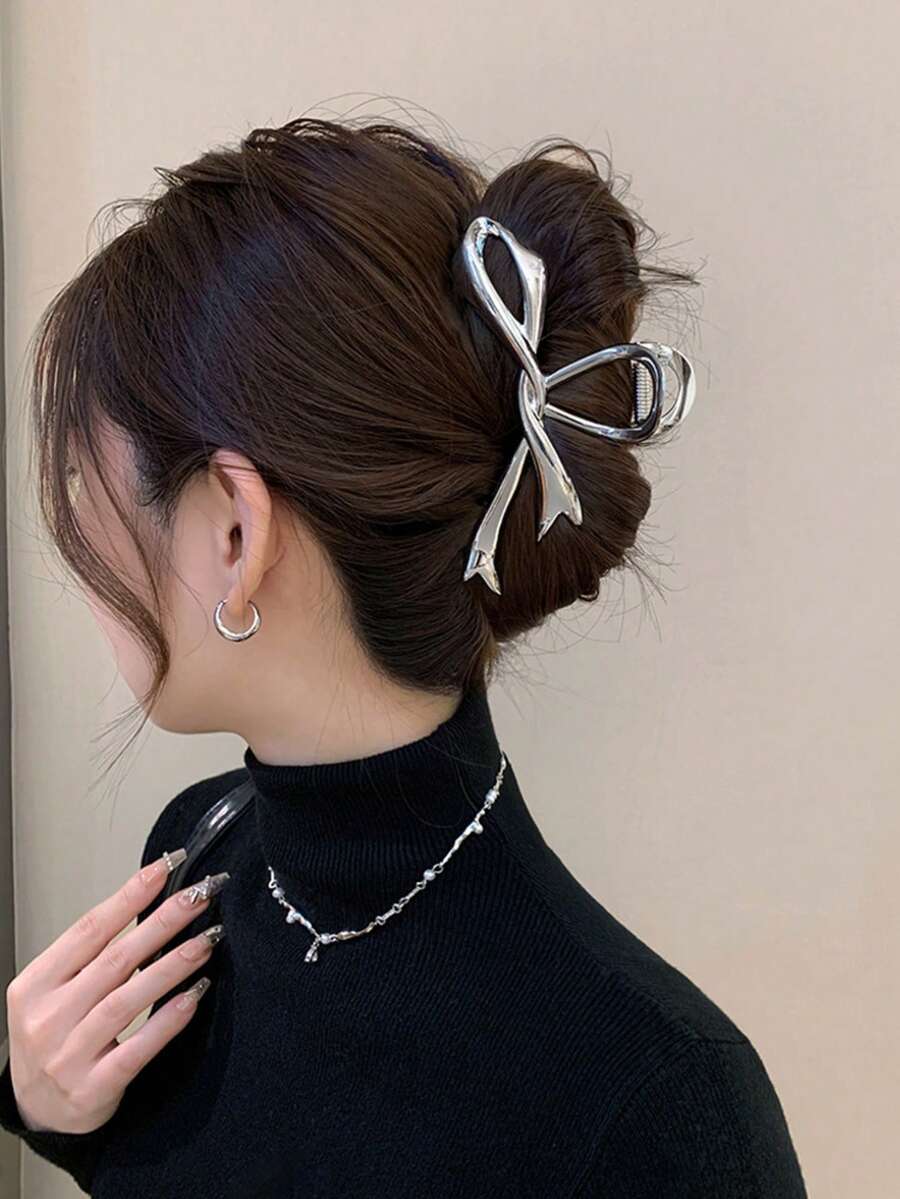1个女士蝴蝶结丝带发夹，2025新款优雅金属发爪发夹，时尚简约设计，适合春、夏、秋、冬四季佩戴 - 彩色 - 查看 1