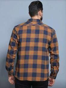 Camisa Social flanela de xadrez masculino manga longa Ajuste Regular    Botões na frente Com Bolso - Castanho - Visão 3