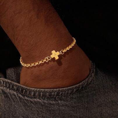 1pc New Fashion Cross Initial Golden Stainless Steel Chain Bracelets For Men