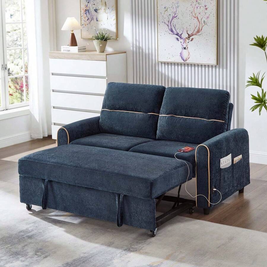 MERAX Chenille Pull Out Sofa Bed, 58-Inch Sofa Bed, Sleeper Sofa, Loveseat Sofa With Adjustable 3 -Position Backrest, 4 Side Pockets And Charging Ports For Living Room, Blue - Màu xanh lam - Xem 1