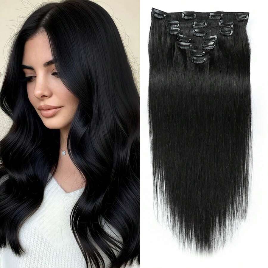 7pcs Remy Human Hair Straight Clip-In Hair Extensions, Black - S1 - View 1