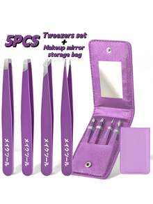 5pcs Stainless Steel Eyebrow Tweezers Set, Makeup Tools For Eyelash Extension, Eyebrow Shaping, Facial Hair Removal And False Eyelash Application - Multicolor - View 13