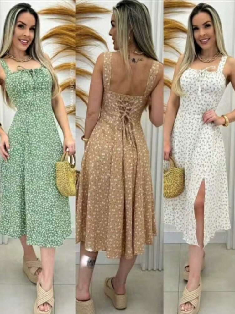 Vestido longo Floral Camponesa Festa Verão Passeio Férias - Verde Oliva - Visão 2