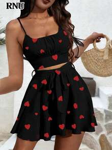 RNU 女士情人节假日休闲套装，荷叶边蝴蝶结可爱优雅弹力腰A字裙，性感派对、泳池派对、约会、假日、旅行装、休闲服、生日套装、婚礼宾客、狂欢节派对、新年优雅套装，心形印花吊带背心和迷你裙两件套 - 黑色 - 查看 2