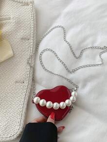 Bolso cruzado de mujer con diseño único de cadena de perlas en forma de corazón mini, bolso de mano de verano personalizado y de moda - Rojo - Ver 8