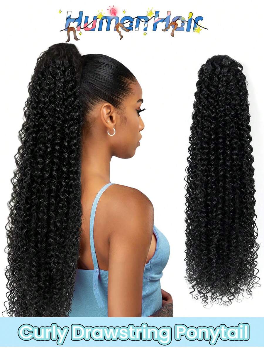 24 Inch Curly Ponytail Hair Extensions, Adjustable Drawstring Curly Real Human Hair Ponytail Piece For Women Daily Wear - Natural Black - View 1