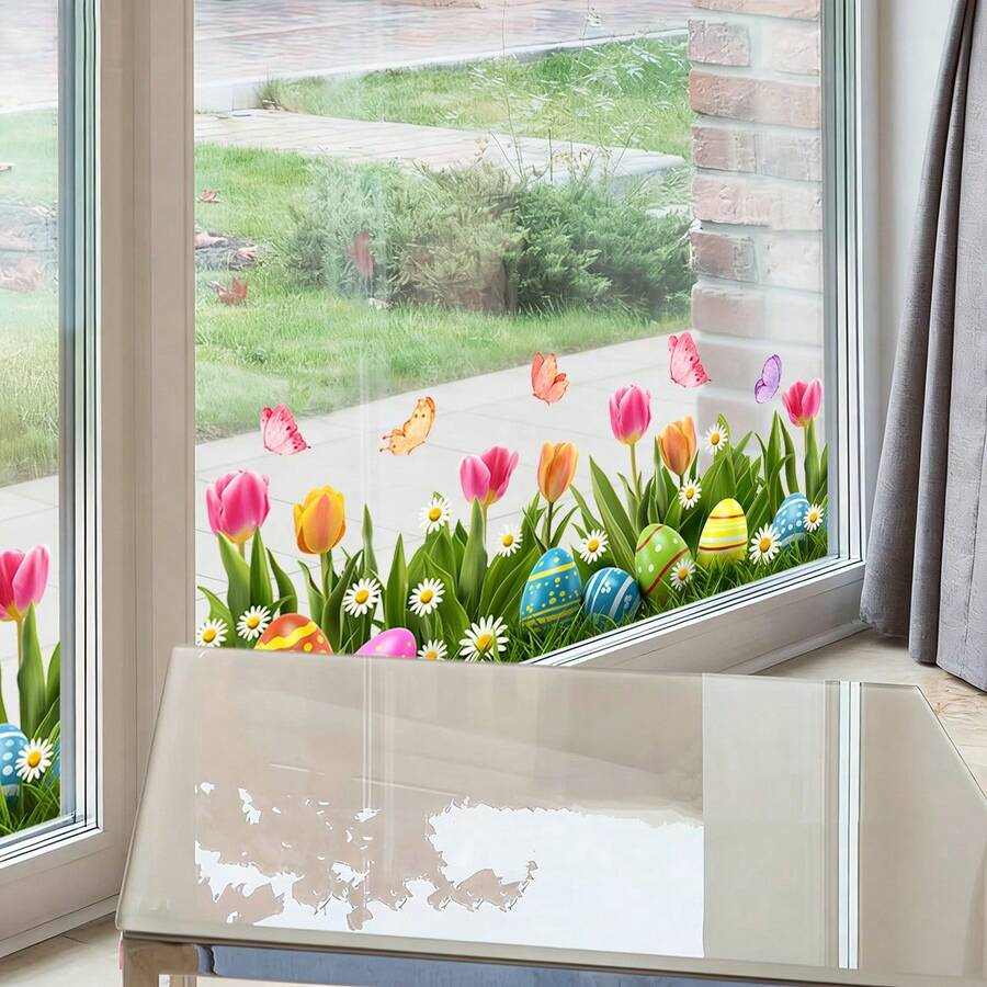 1 pieza Calcomanía de ventana de vidrio con adhesivo estático de huevo de Pascua, tulipán, mariposa y flores de primavera - Multicolor - Ver 1