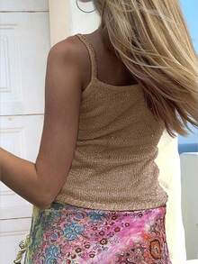 2025 Summer Sexy Shiny Pink Spaghetti Strap Knit Camisole Tank Top For Women - Light Khaki - View 2