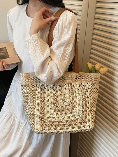 Dedoo New Hollowed-Out Crocheted Floral Woven Bag, Beach Vacation Style Woven Bag, Work Commuting Shoulder Bag, Beach Bag