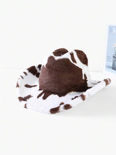 1pc Soft Plush Cow Print Denim Bucket Hat, Brown & White Contrast Color, Warm & Comfortable Wide Brim, Flattering Fit, Suitable For Autumn/Winter Outfits, Party, Daily Wear, Sweet & Cool Versatile Style