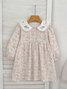 Girls Ditsy Floral Embroidered Peter Pan Collar Dress, Princess Style, Spring/Autumn - Apricot - View 2