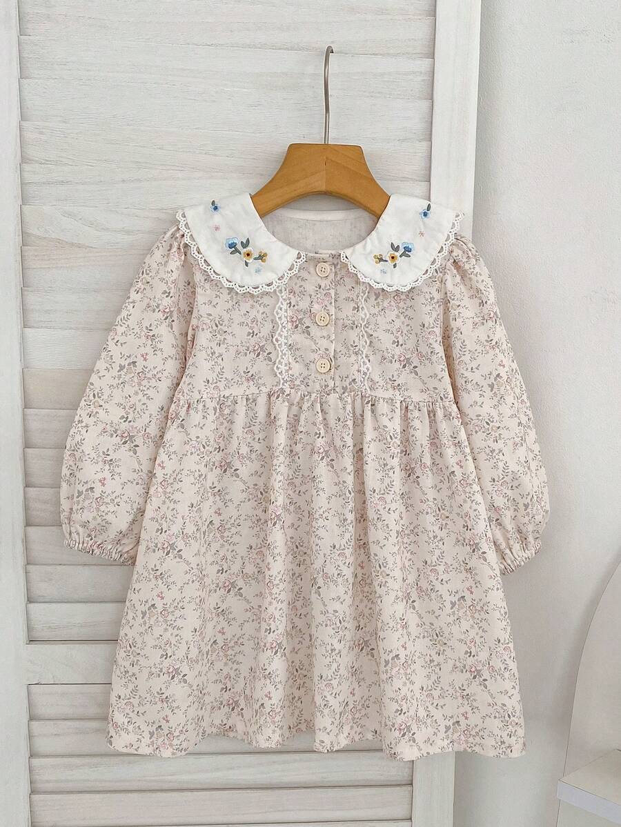 Girls Ditsy Floral Embroidered Peter Pan Collar Dress, Princess Style, Spring/Autumn