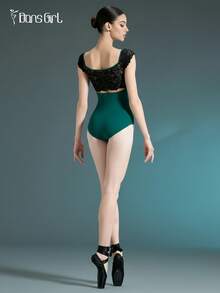 DonsGirl 女士甜美公主芭蕾舞紧身衣，短袖，蕾丝拼接镂空露背设计，花样滑冰及舞蹈表演服，春季款 - 水鴨藍 - 查看 9