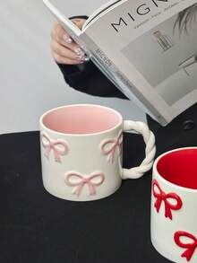 1 件创意 3D 蝴蝶结形陶瓷杯，带编织手柄，高品质咖啡/牛奶杯，可微波炉加热，送给女朋友的完美礼物，可爱的少女粉色水杯 - 彩色 - 查看 12