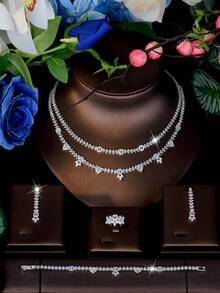 1 Set Versatile Cubic Zirconia Rhombus & Geometric Jewelry Set, Suitable For Women To Wear On Vacation And Travel - Silver - View 2