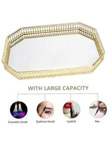1 pieza Bandeja de tocador con espejo dorado, organizador decorativo de metal para almacenamiento de joyas, apto para tocador, dormitorio, decoración del hogar, velas, mesa de centro - Multicolor - Ver 11
