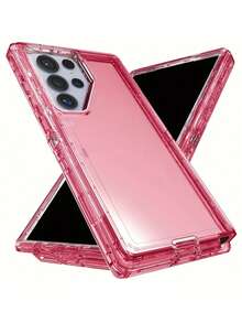 军规级防摔豪华重型坚固耐用硬质防震透明手机壳，兼容三星 Galaxy S26 Ultra、S25 Ultra、S24 Ultra、S23 Ultra、S22 Ultra、S26、S25、S24 Plus，豪华三合一透明边框后盖，春季生日礼物 - 透明紅 - 查看 1